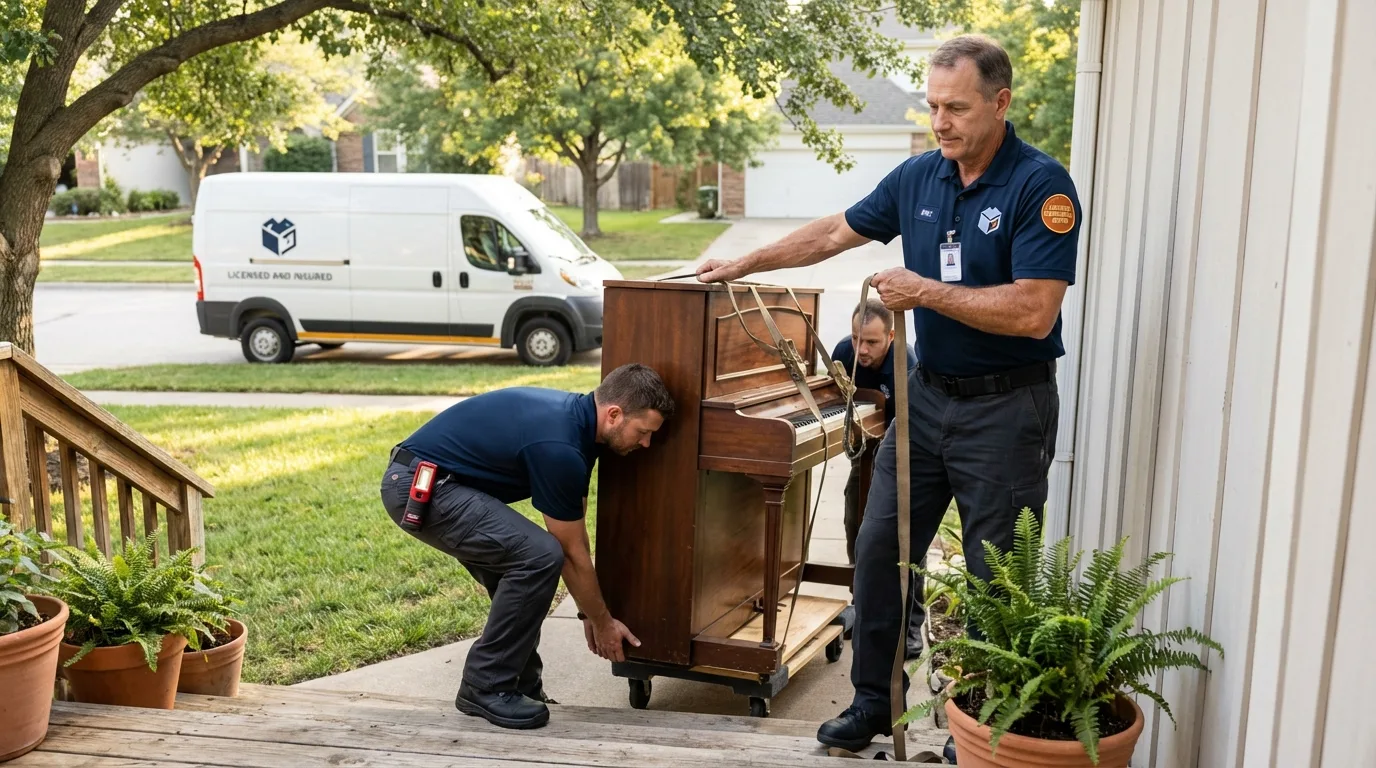 Licensed piano movers securing grand piano in Jacksonville, NC