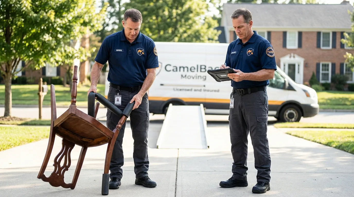 Movers inspecting furniture for damage prevention before loading in Jacksonville, NC