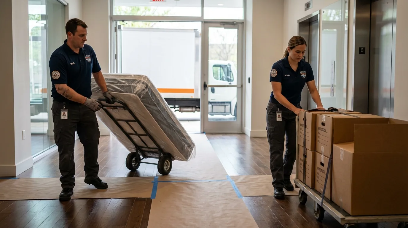 Professional apartment movers loading elevator in Jacksonville, NC